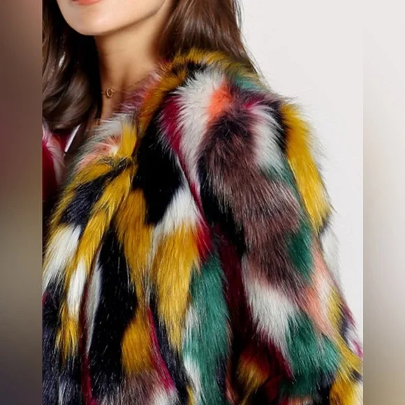 Multicolor Faux Fur Coat Long Sleeve Open Front Luxury Colorful Fuzzy Jacket - Picture 2 of 13